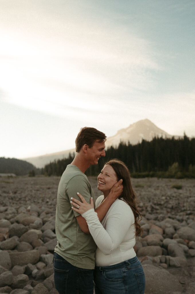 couple giggling during mount hood engagement photos