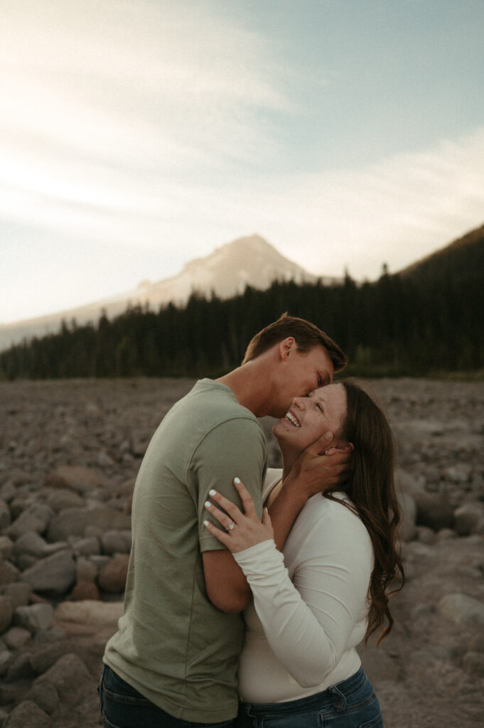 couple giggling during mount hood engagement photos