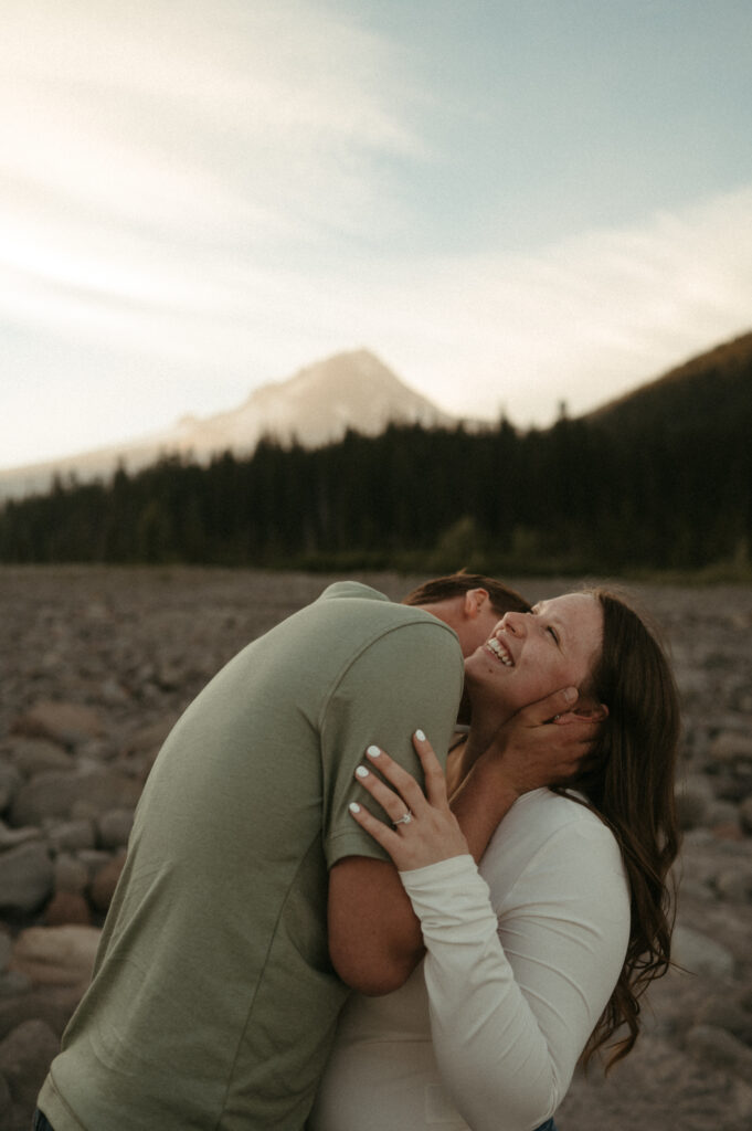 couple giggling during mount hood engagement photos