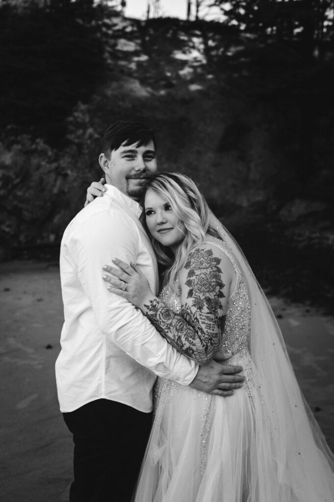 black and white bride and groom portrait during oregon coast elopement