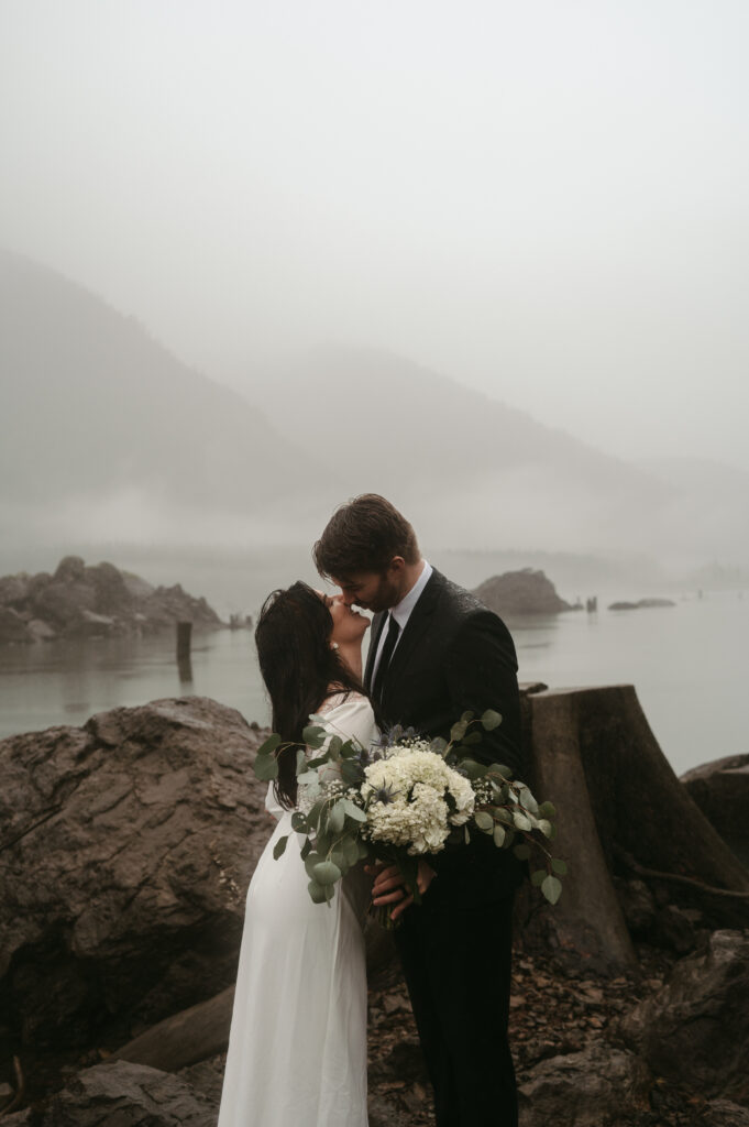 First kiss during olympic national park elopement