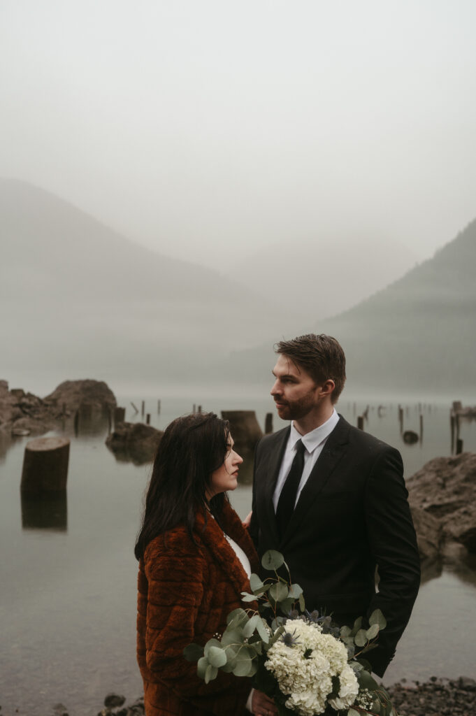 Bride and groom during olympic national park elopement