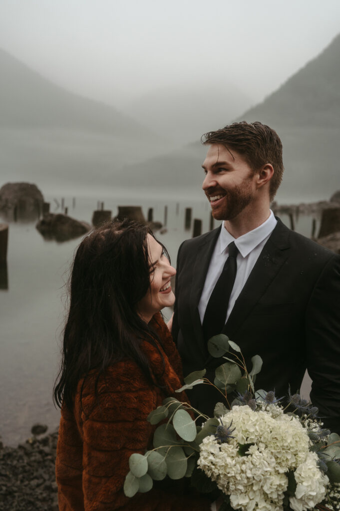 Bride and groom during olympic national park elopement