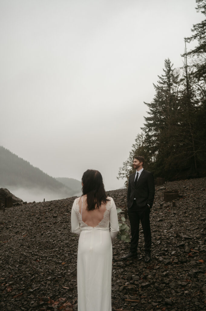 Bride and groom during olympic national park elopement