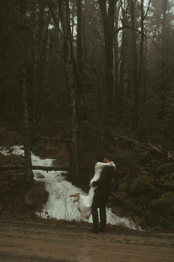 Roadside waterfall during olympic national park elopement