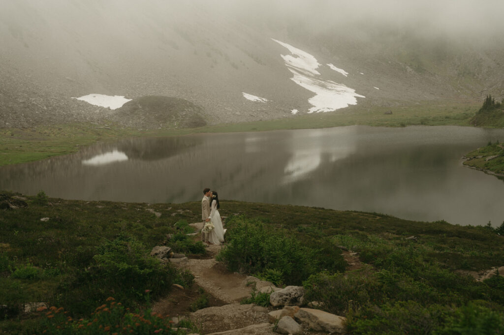 Bride and groom kissing during their North Cascades elopement 