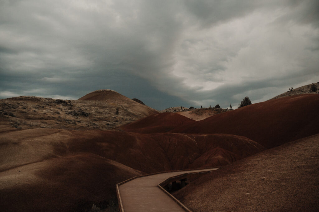 Painted Hills, Oregon boardwalk in thunderstorm